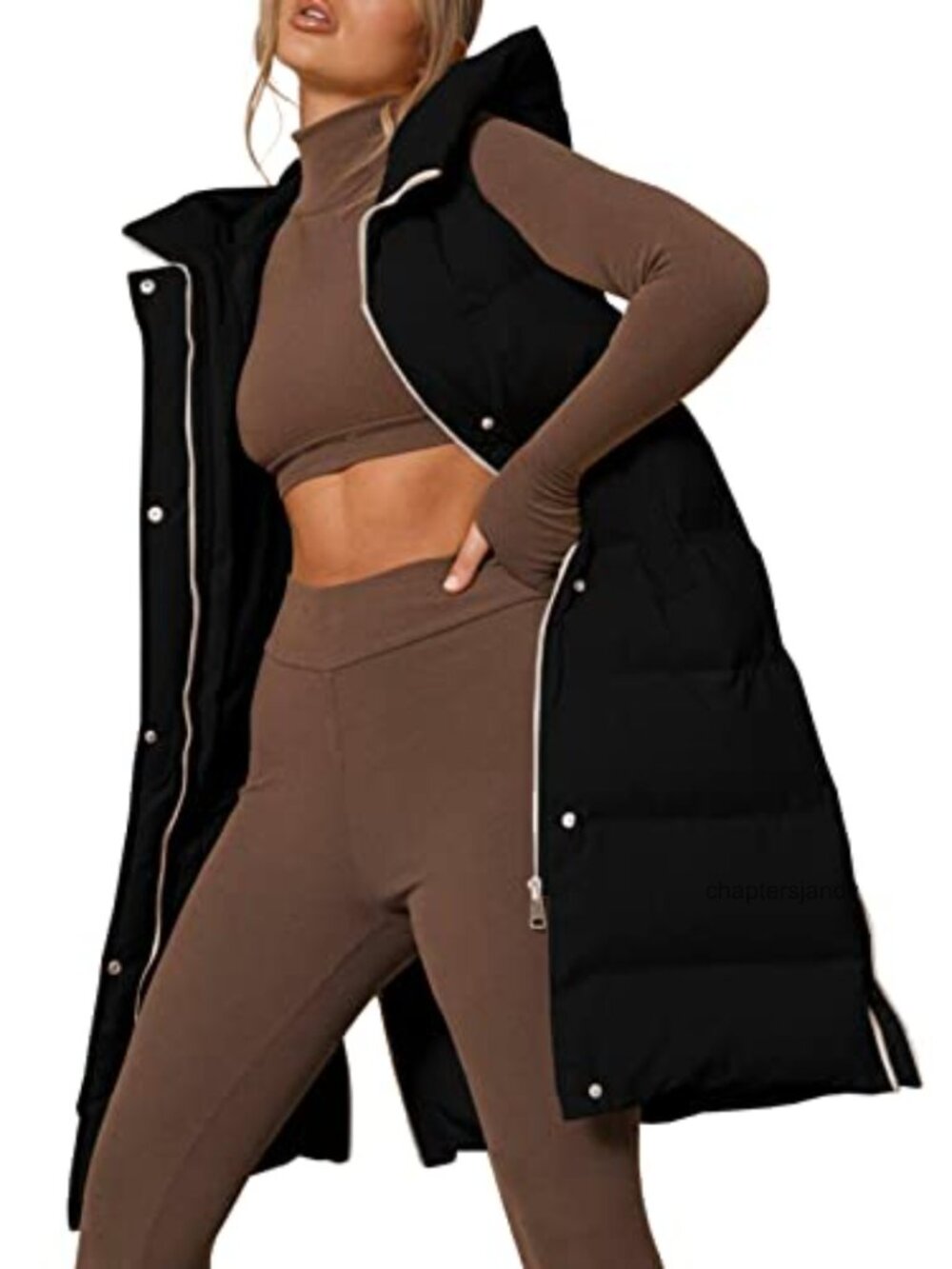 Women's Long Hooded Puffer Vest Sleeveless Stand Collar Down Vest